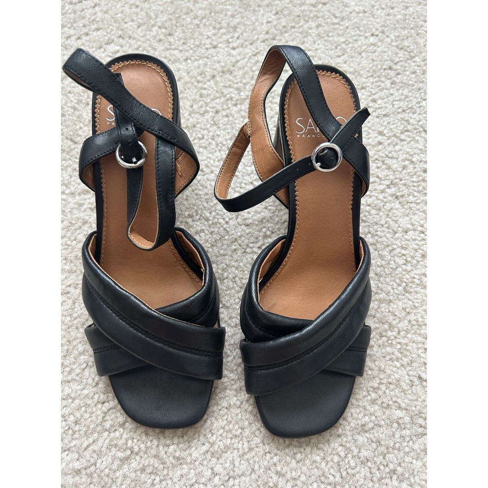 Franco Sarto Kristina Black Leather Padded Block Heel Sandals 6M